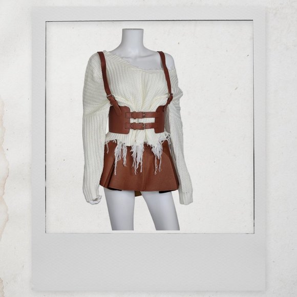 Leather Vintage Style Suspender Belt, Distressed Sweater, and Peplum Skirt - Picture 6 of 7